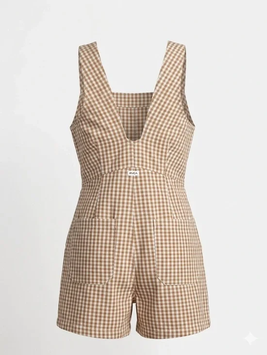 NWT RVCA Forager 100% Cotton Gingham Romper - Size L/12 - Sand/Tan White - Picture 3 of 13